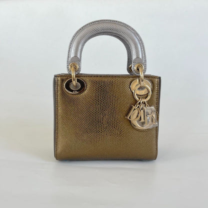 Dior Mini Lady Lizard Print Chain Shoulder Bag Metallic Gold