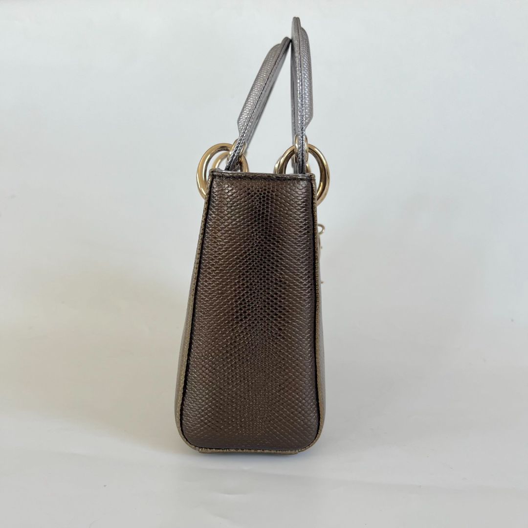 Dior Mini Lady Lizard Print Chain Shoulder Bag Metallic Gold