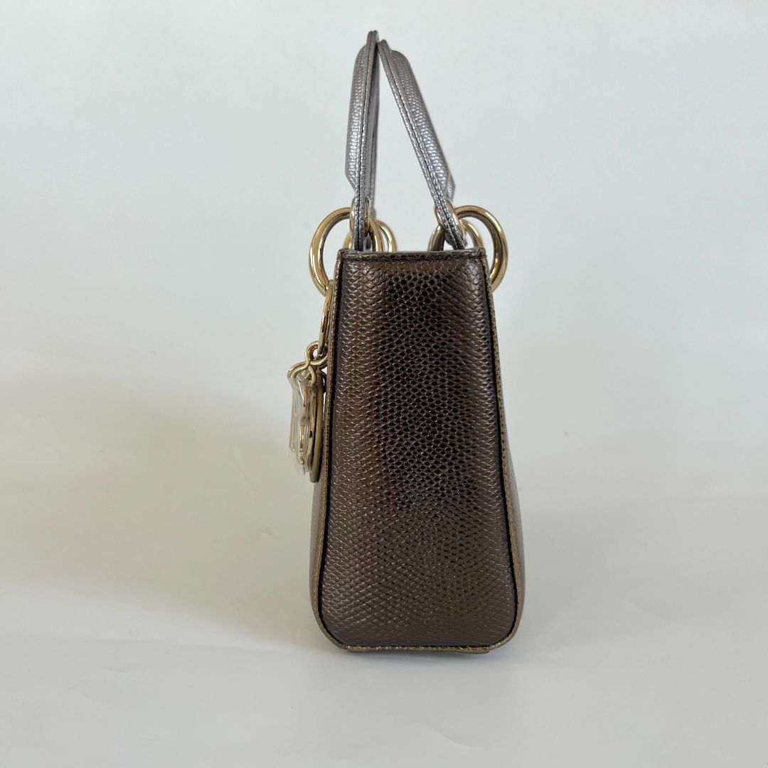 Dior Mini Lady Lizard Print Chain Shoulder Bag Metallic Gold