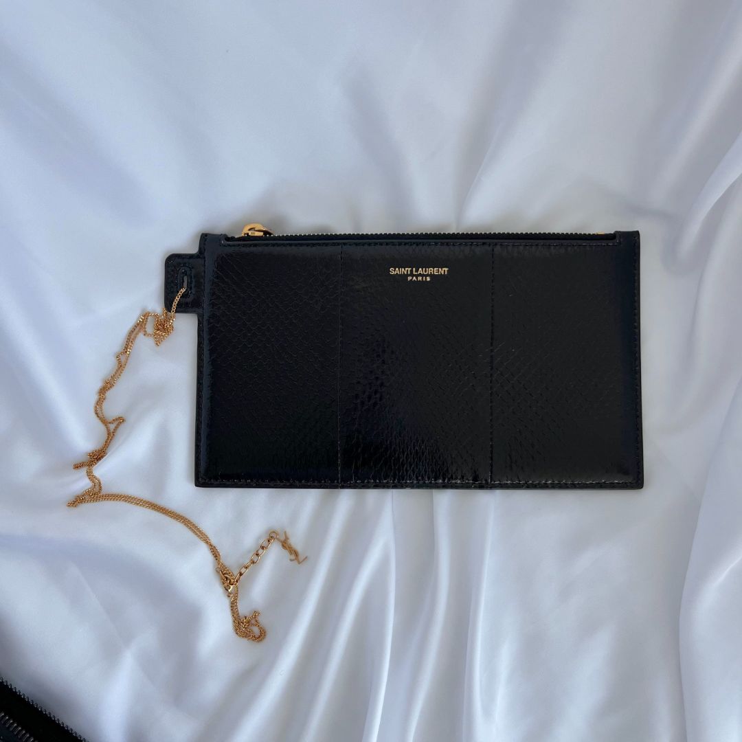 Saint Laurent Black Leather Python Mini Zip Pouch