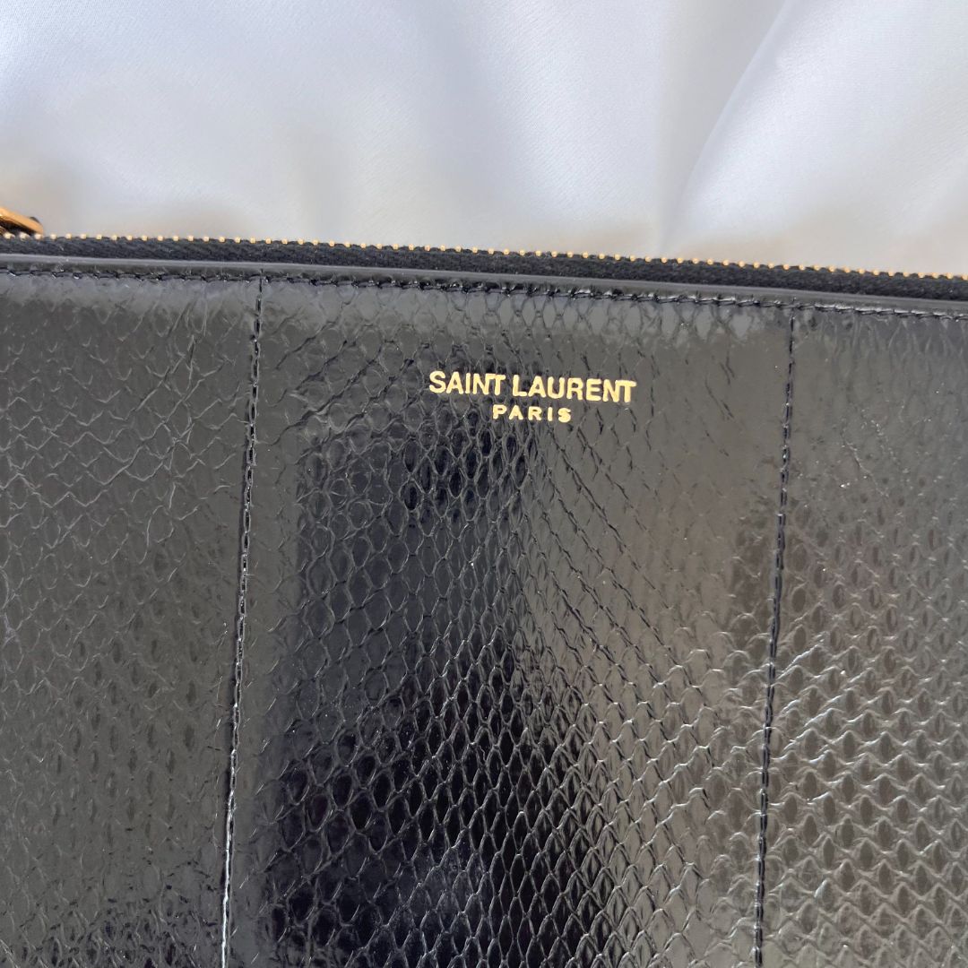 Saint Laurent Black Leather Python Mini Zip Pouch