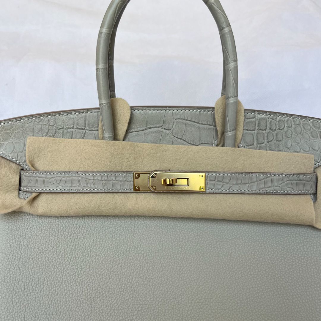 Hermes Gris Perle GHW Birkin 30 Touch Togo /Alli Missi Mat Bag, 30