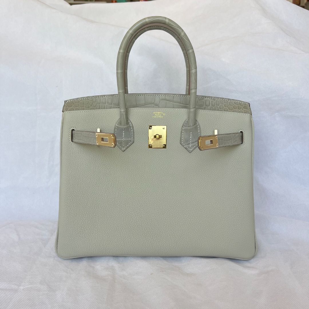 Hermes Gris Perle GHW Birkin 30 Touch Togo /Alli Missi Mat Bag, 30