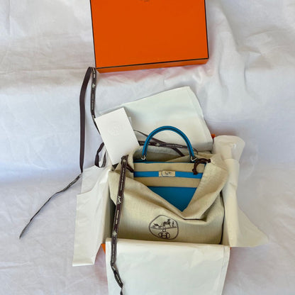 Hermes Kelly 25 Sellier Blue Chamkila Goatskin PHW Bag