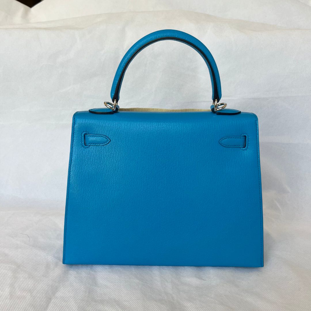 Hermes Kelly 25 Sellier Blue Chamkila Goatskin PHW Bag