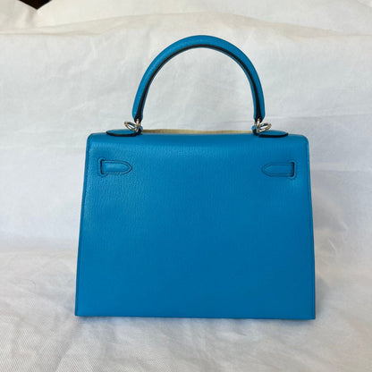 Hermes Kelly 25 Sellier Blue Chamkila Goatskin PHW Bag