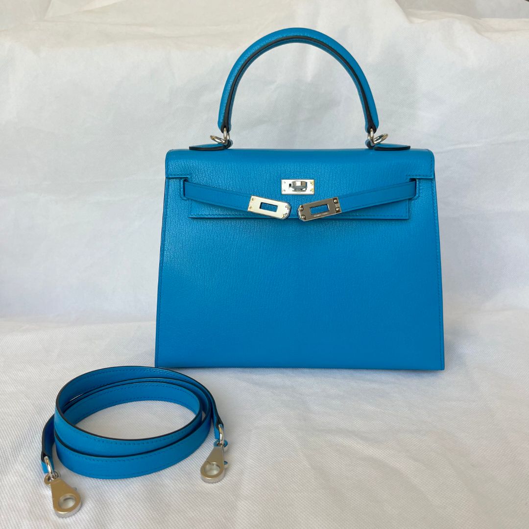 Hermes Kelly 25 Sellier Blue Chamkila Goatskin PHW Bag
