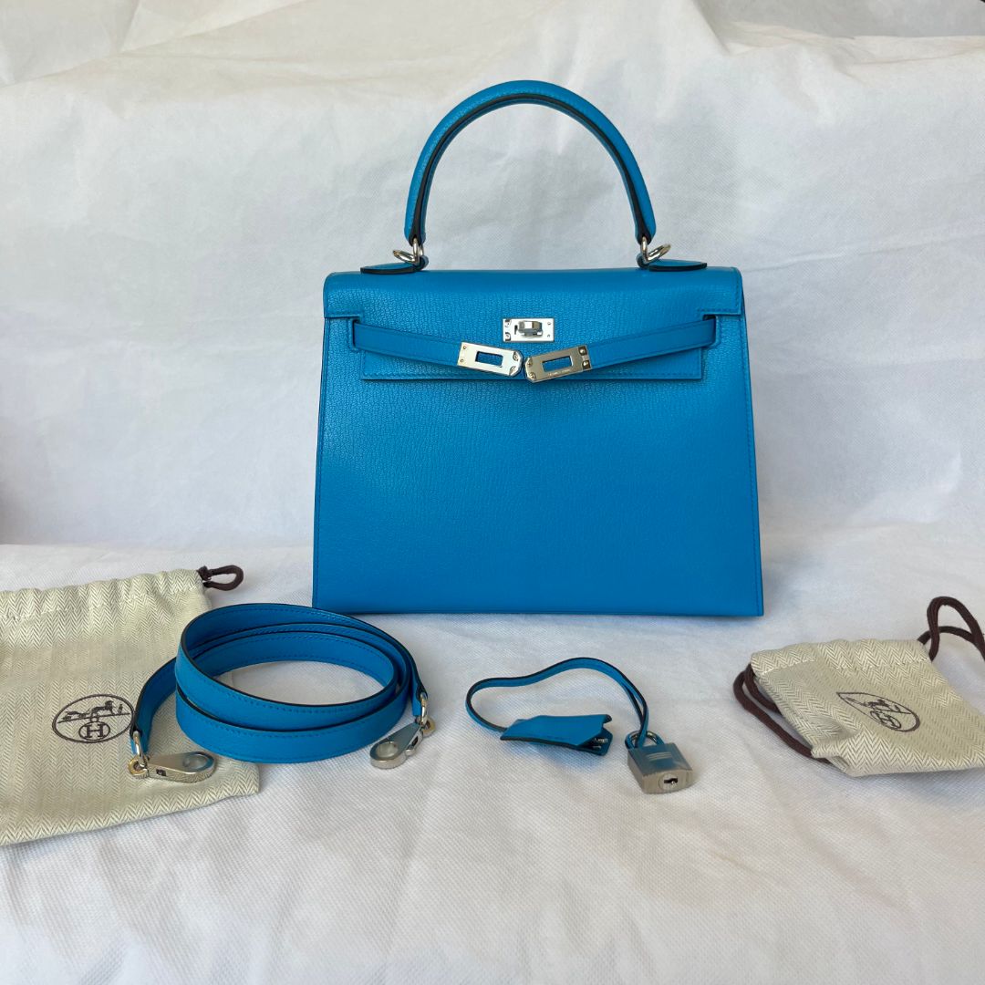 Hermes Kelly 25 Sellier Blue Chamkila Goatskin PHW Bag