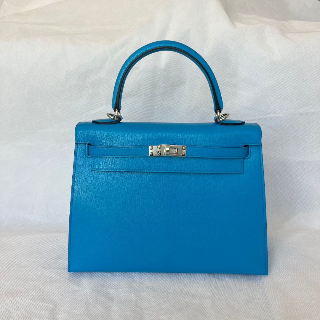 Hermes Kelly 25 Sellier Blue Chamkila Goatskin PHW Bag