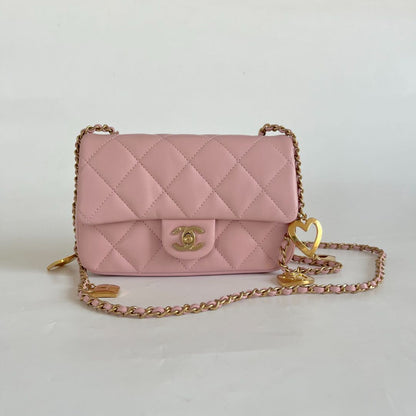 Chanel Pink Leather Classic Quilted Heart Charm Flap Bag