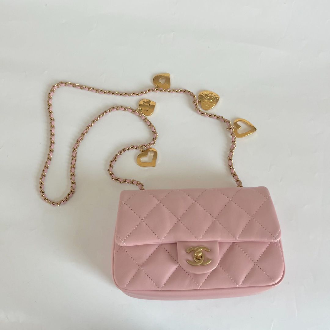 Chanel Pink Leather Classic Quilted Heart Charm Flap Bag