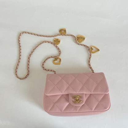 Chanel Pink Leather Classic Quilted Heart Charm Flap Bag