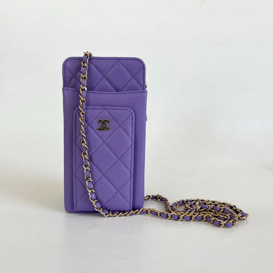Chanel purple caviar leather compact double pouch with chain