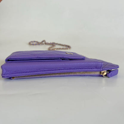 Chanel purple caviar leather compact double pouch with chain