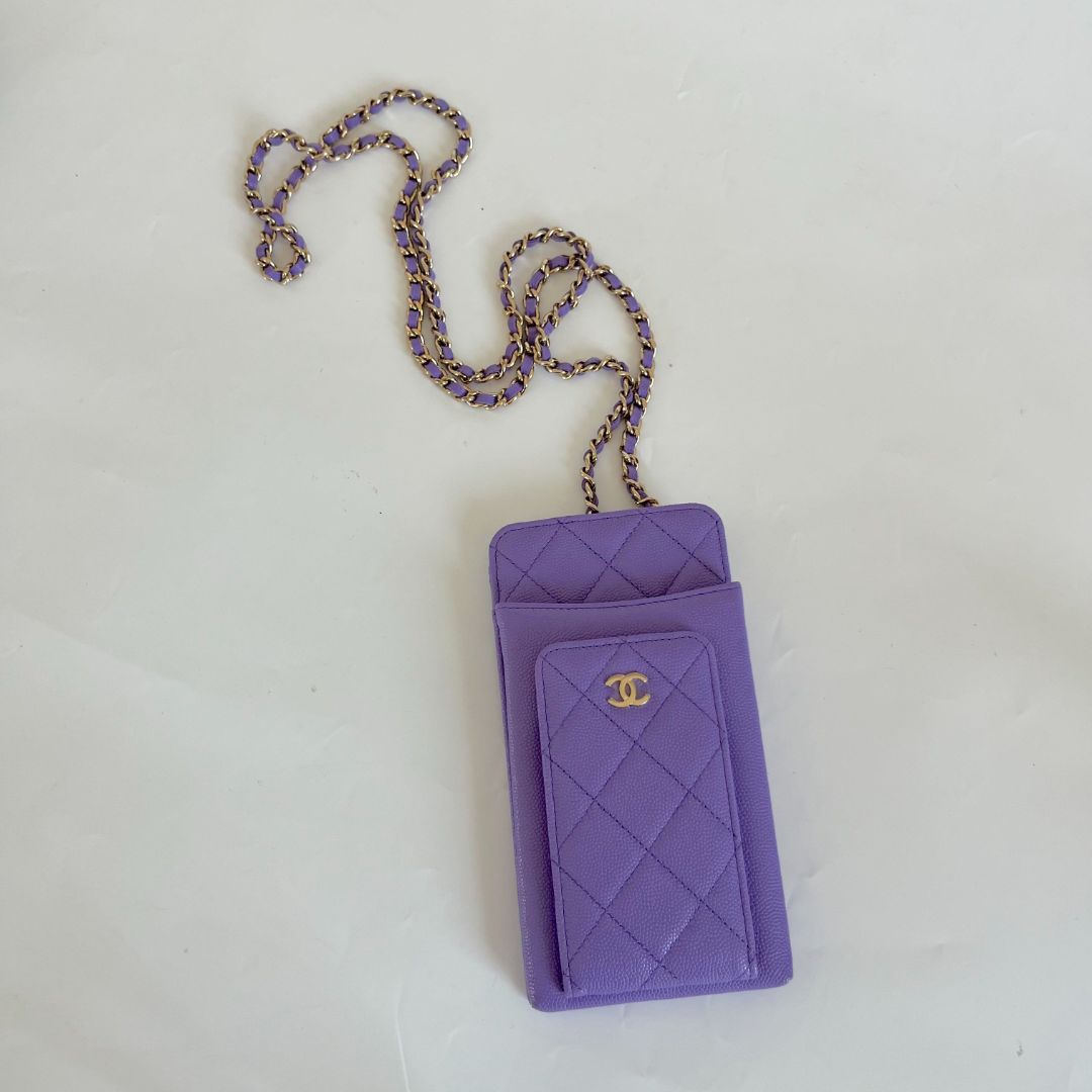 Chanel purple caviar leather compact double pouch with chain