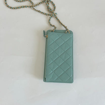 Chanel blue/green caviar leather compact double pouch with chain