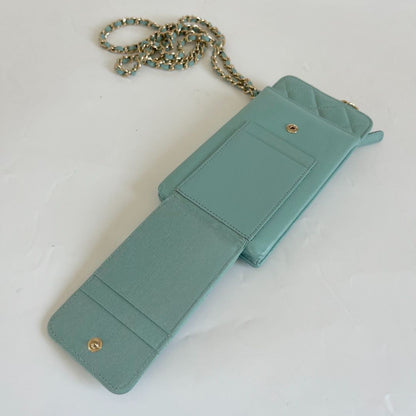 Chanel blue/green caviar leather compact double pouch with chain