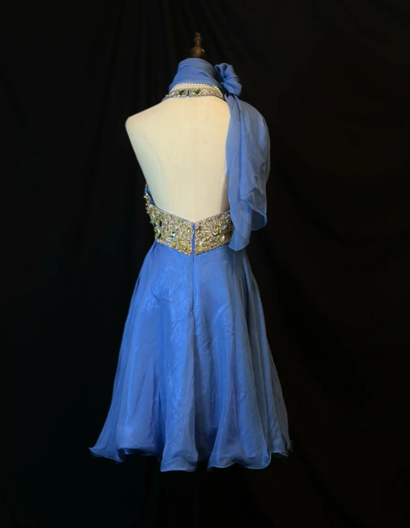 Vintage Blue Halter Beaded A Line Mini Party Dress Homecoming Dress Cocktail Dress S432