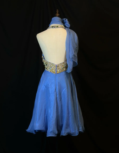 Vintage Blue Halter Beaded A Line Mini Party Dress Homecoming Dress Cocktail Dress S432