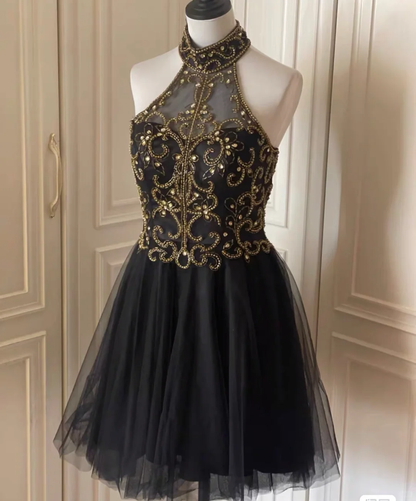 Stylish Halter Tulle Beaded A Line Homecoming Dress Black Sleeveless Birthday Dress Cocktail Dress S544
