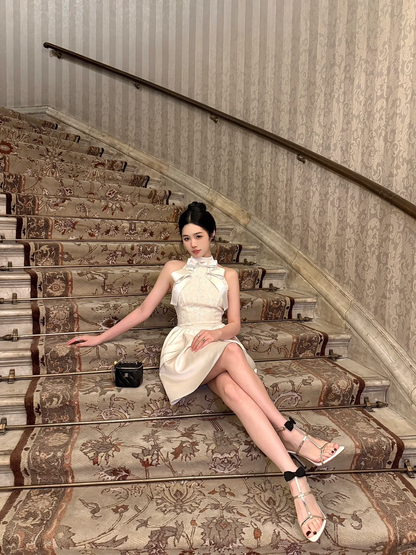 Open Back A Line Halter Bow Lace Ivory Satin Short Birthday Dress Homecoming Dress SH3401