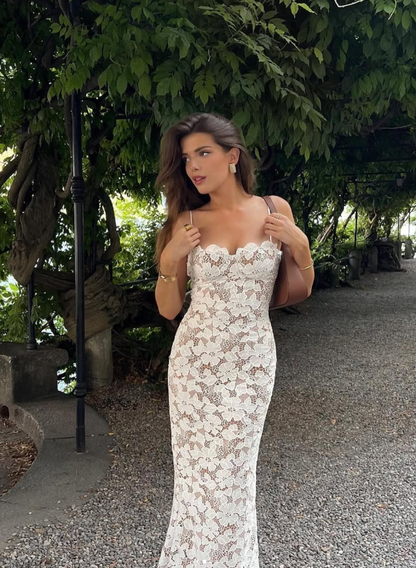 Stunning Sheath Spaghetti Strap White Lace Long Prom Dress Evening Dress SH2297