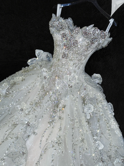 Gorgeous Ball Gown Strapless White Flower Silver Sequin Organza Prom Dress Party Dress SH3415