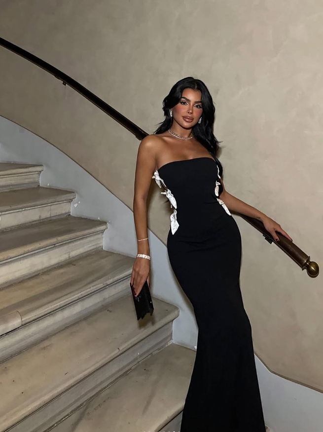 Elegant Mermaid Strapless Black Satin Long Prom Dress Evening Dress with Slit SH2140