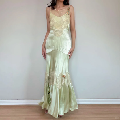 Vintage Mermaid Spaghetti Strap Lace Green Satin Long Prom Dress Evening Dress SH3341