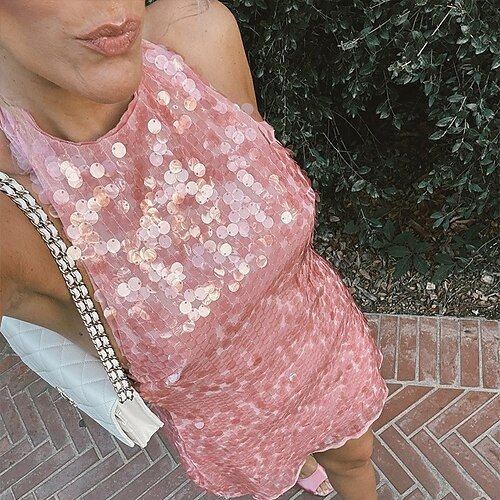 Elegant Pink Halter Sleeveless Sequin Short Party Dress Birthday Outfits S793