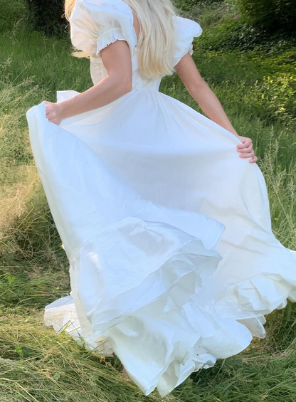 Cute A Line Puff Sleeves White Satin Long Prom Dress Birthday Dress with Slit SH2073