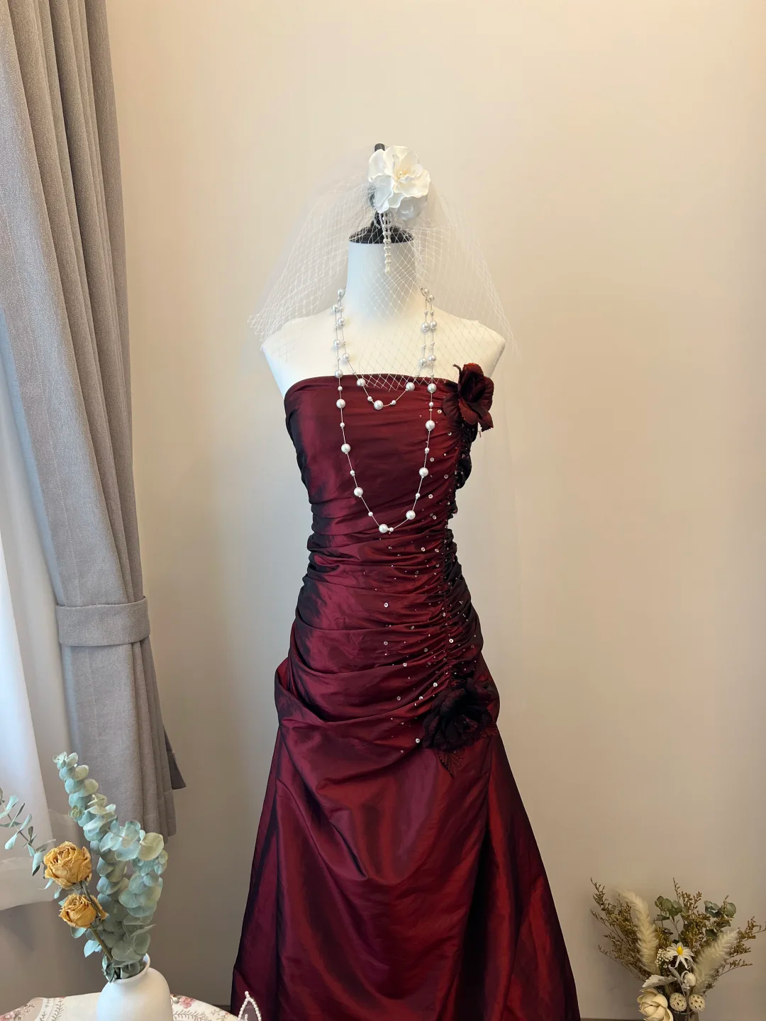 Vintage A Line Strapless Flower Pleated Burgundy Satin Long Prom Dress Party Dress SH3033