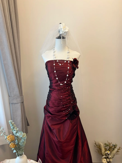 Vintage A Line Strapless Flower Pleated Burgundy Satin Long Prom Dress Party Dress SH3033
