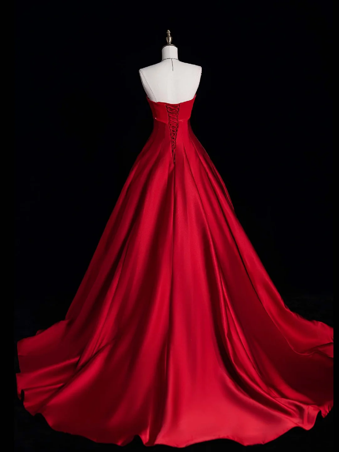 Simple A Line Strapless Red Satin Long Sweep Prom Dress Graduation Prom Dress SH2564