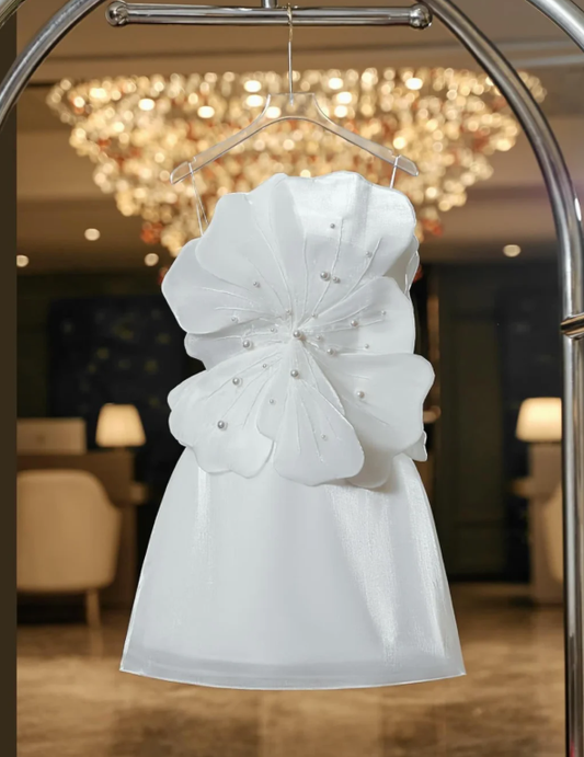 Classy White Strapless Flower Mini Birthday Dress A Line Homecoming Dress S361
