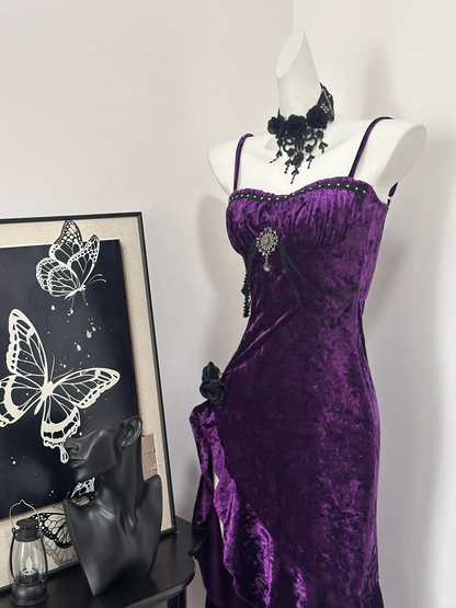 Pretty Spaghetti Straps Purple Velvet Ruffle Party Dress Birthday Evening Dress S633