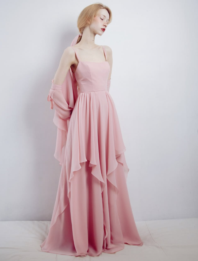 Pink A Line Straps Chiffon Slit Long Prom Dress Evening Dress with Cape SH3320