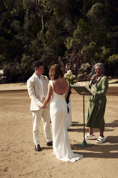 Simple Elegant Sheath Strap White Satin Long Sweep Wedding Dress SH2249