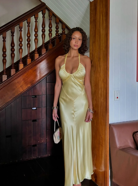 Elegant A Line Halter Yellow Bow Satin Open Back Prom Dress Graduation Prom Dress SH2589