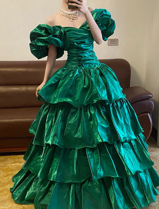 Stunning A Line Off the Shoulder Emerald Satin Long Sweep Party Dress Prom Dress SH2951
