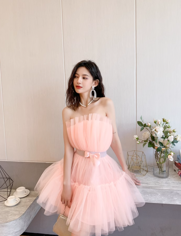 Pink A Line Strapless Tulle Short Outfit Party Dress Homecoming Dress Birthday Dress SH3527