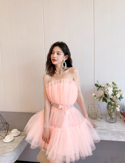 Pink A Line Strapless Tulle Short Outfit Party Dress Homecoming Dress Birthday Dress SH3527