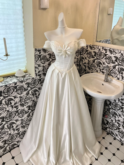 White Classy Ball Gown Off the Shoulder Pearl Satin Long Prom Dress Wedding Dress SH3857