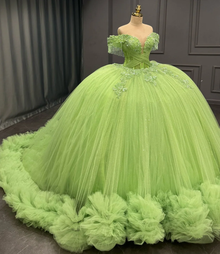 Romantic Poofy Off the Shoulder Beaded Green Tulle Ball Gown Quinceanera Dress SH3269