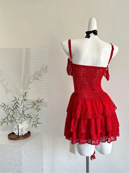Stylish Red Lace Layered Homecoming Dress Spaghetti Strap Cocktail Dress Party Dress  S322
