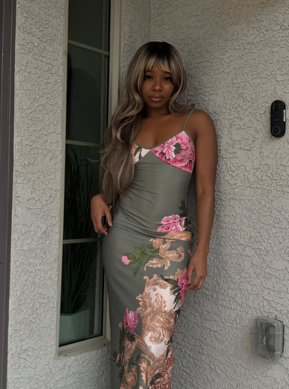 Retro Green Print Floral Strapless Satin Long Outfit Party Dress Vacation Dress Birthday Dress SH3518