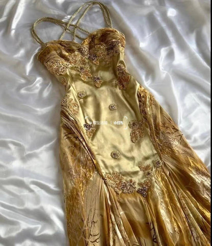 Gold Spaghetti Straps Mermaid Appliques Party Dress Evening Dress S341