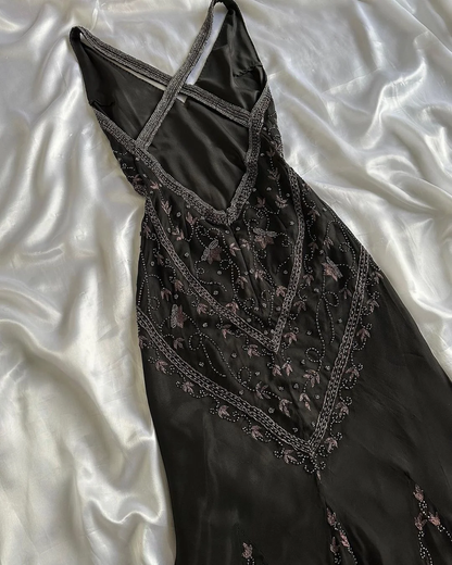 Vintage A Line V Neck Beaded Black Chiffon Open Back Prom Dress Evening Dress SH2501