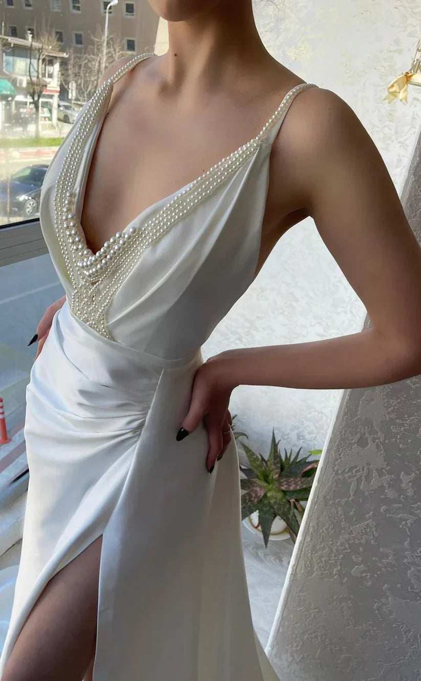 Ivory V-neck Pearl Bodycon Satin Prom Dresses With Side Slit