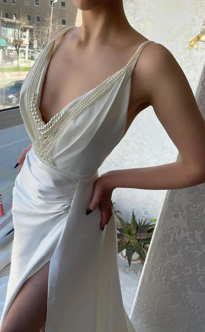 Ivory V-neck Pearl Bodycon Satin Prom Dresses With Side Slit